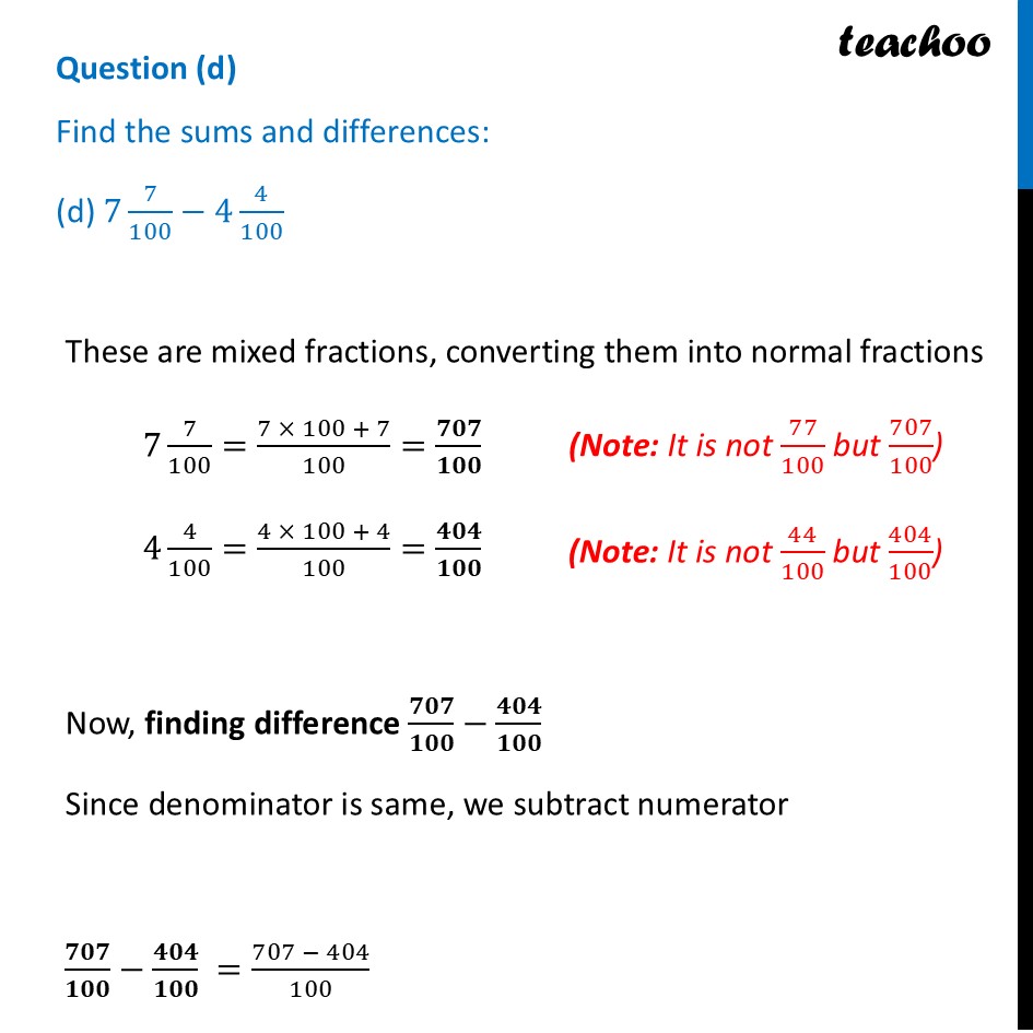 [Class 7 Maths] Find the sums and differences: (d) 7 7/100−4 4/100